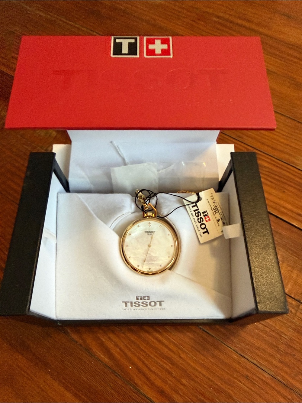New in box Tissot Gold Pocket Watch with White Mother-of-Pearl Dial 38MM